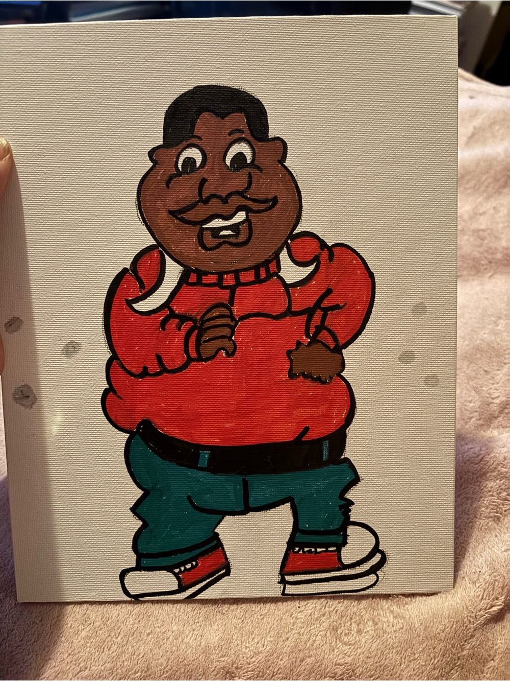 Original Hand-Painted Cartoon Character on Canvas - Red Sweater